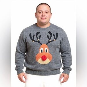 Men's Forever 21 Gray Reindeer Crewneck Ugly Sweater w/ Working Jingle Bells